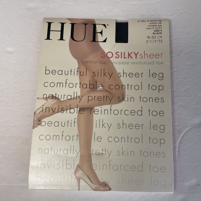 HUE So Silky Sheer Control Top Pantyhose Invisible Reinforced Toe Black Size 4