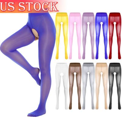 Women's Glossy Crotchless Pantyhose Stockings Mid Waist Stretchy Tights Lingerie