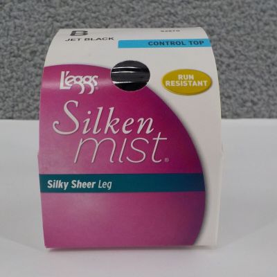 L'EGGS SILKEN MIST SZ B CONTROL TOP JET BLACK SHEER PANTY HOSE RUN RESISTANT NIP