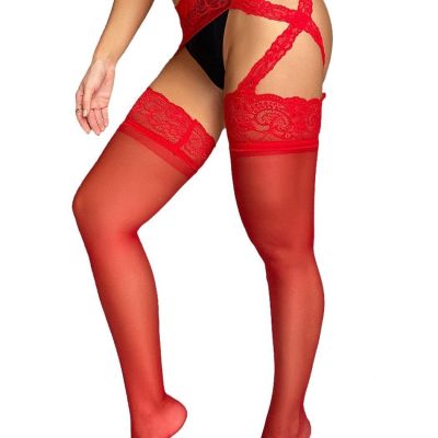 Red Lace Stockings Thigh High Tights Sheer Suspender Pantyhose for Women