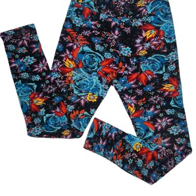 LuLaRoe Tween Leggings Roses and Leaves Black and Blue Buttery Soft