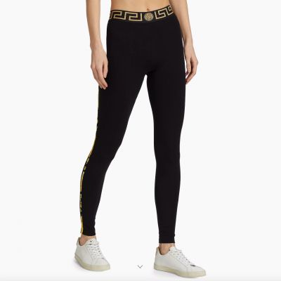 $275 Versace Black Gold Skinny Greco Border Cotton Spandex Leggings size 2