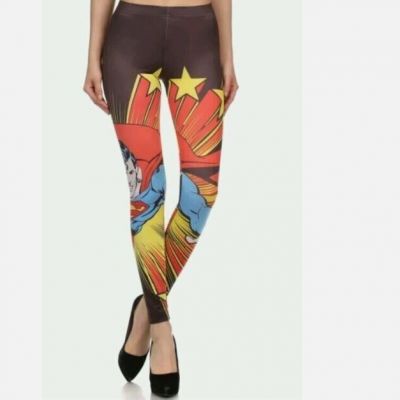 Superman Leggings Womens Small S DC Comics Printed Graphic Superhero Casual K04X