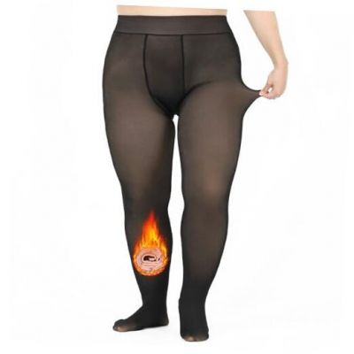 Black Plus Size Fleece Lined Tights for Women Fake Translucent Pantyhose Warm