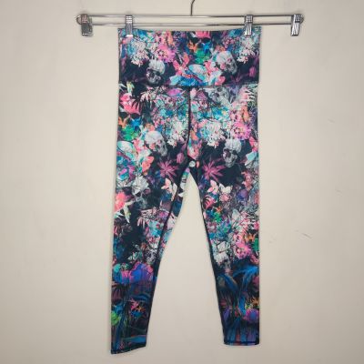 Evolution and Creation Skull and Floral Ankle Crop Leggings Medium Women's