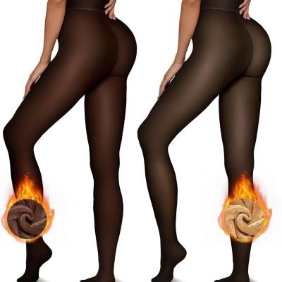 Vertvie 2 Pairs Fleece Lined Tights Women Crotch One Seam Line Warm Sheer Pantyh