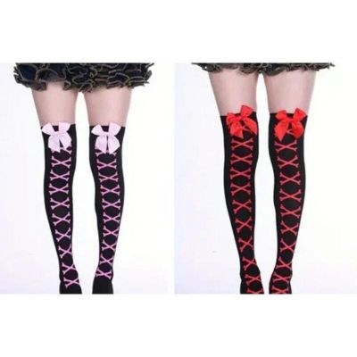 Black Bow Stockings Crossed Bones Choose Red/Pink Coquette Lolita Whimsygoth