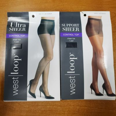 2 Pairs: West Loop Support Control Top/Sheer Toe Pantyhose Size C JET BLACK R6P5