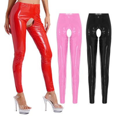 US Women Shiny Metallic Pants Hollow Out Pantyhose Stretchy Trousers Pants Party