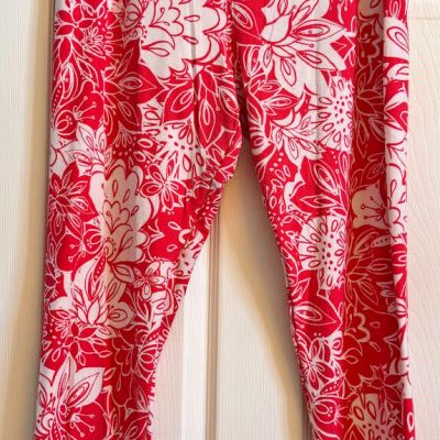 Lularoe Soft Knit Leggings Coral Pink & White Floral Hibiscus Print Size TC2 PO