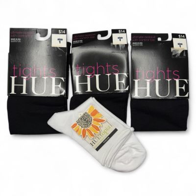 HUE Womens Ultimate Opaque Tights Size 1 - 3 Pair Black with Free Roll Top Sock