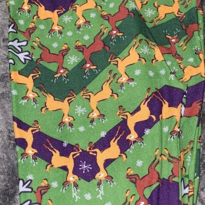 Lularoe Christmas Reindeer Green Leggings Size OS