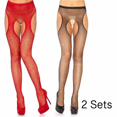 2pc Rhinestone Red amd Black Suspender Pantyhose Tights Sexy Lingerie Dancewear